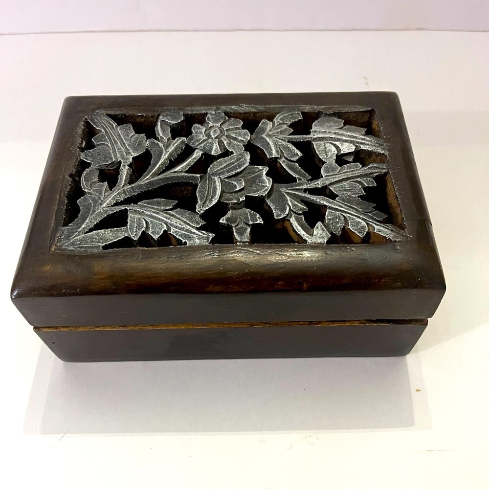 Carved Wooden Trinket Jewelry Box with Silver Floral Design